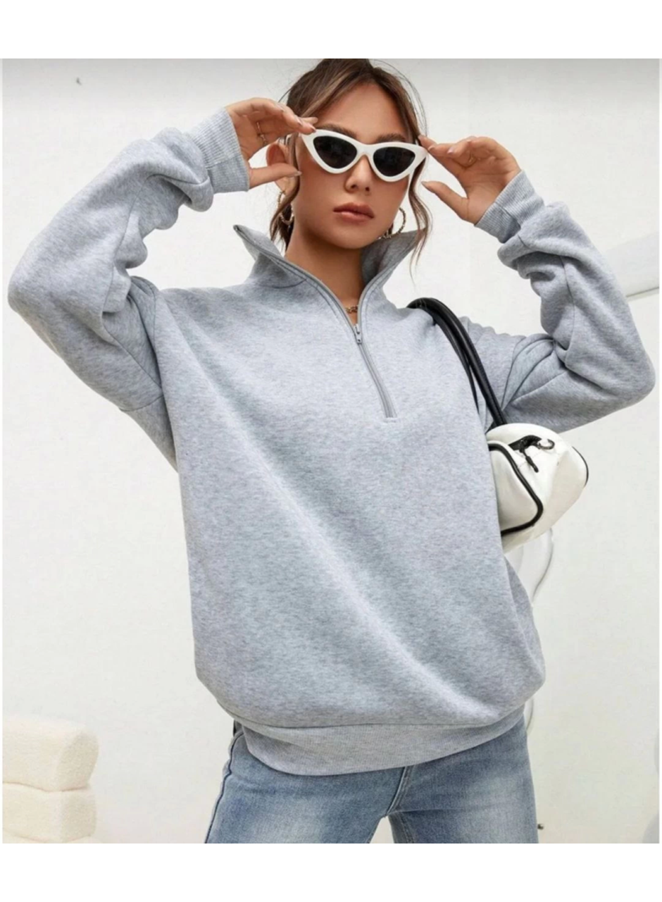 Unisex Uzun Kol Yarım Farmuarlı Yakalı Basic SweatShirt - Gri