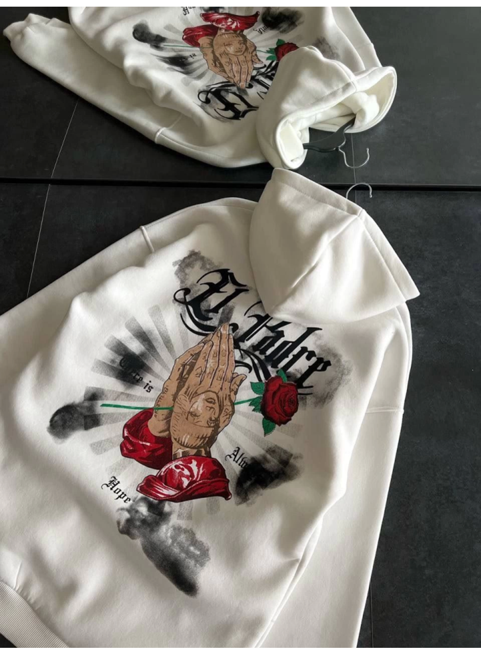 Üç İplik Penye Uzun Kol Kapşonlu Baskılı SweatShirt - Beyaz