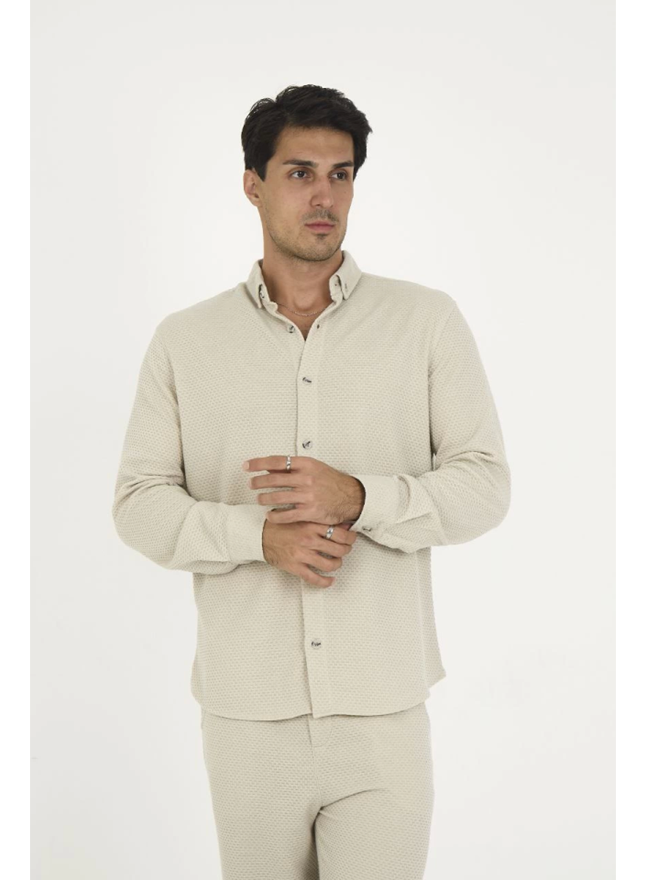 Düğmeli Tam Kalıp Uzun Kol Jakar Gömlek - Gri