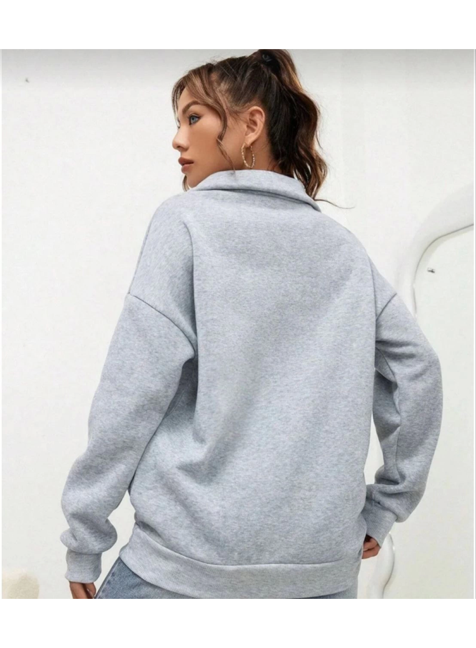 Unisex Uzun Kol Yarım Farmuarlı Yakalı Basic SweatShirt - Gri