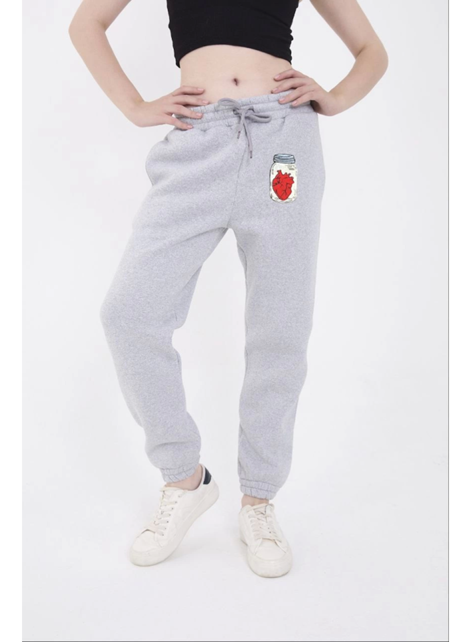 Üç İplik Lastikli Baskılı Eşofman Pantolon - Gri