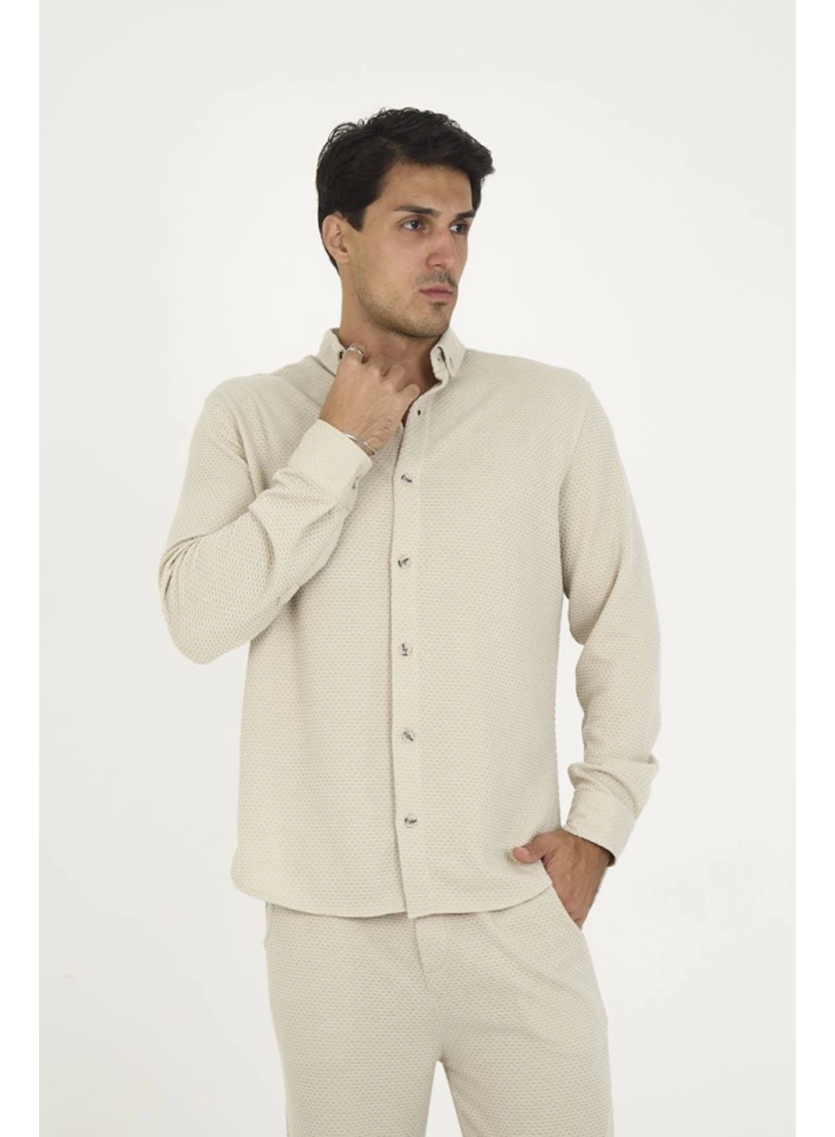 Düğmeli Tam Kalıp Uzun Kol Jakar Gömlek - Gri