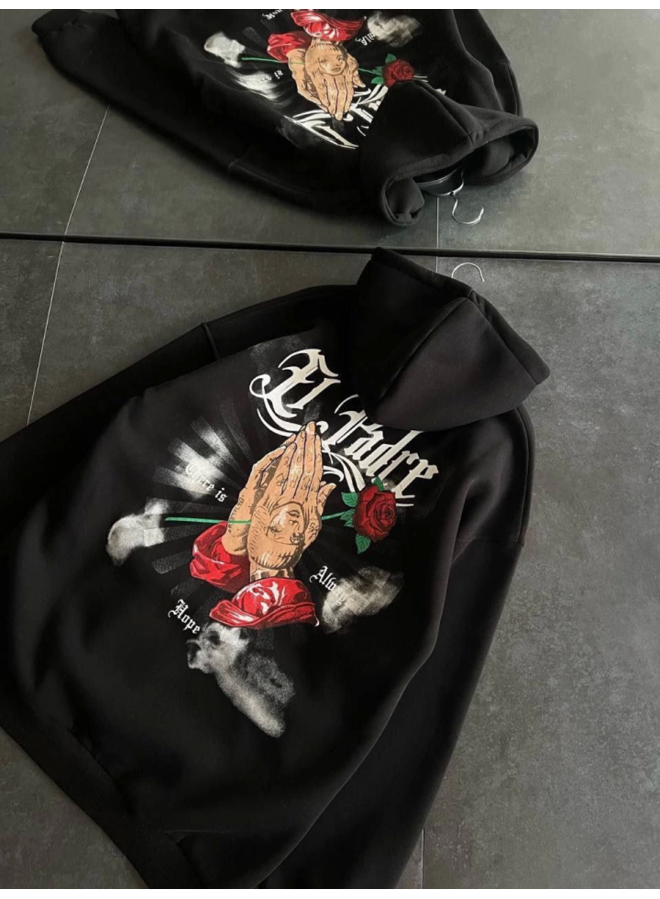 Üç İplik Penye Uzun Kol Kapşonlu Baskılı SweatShirt - Siyah