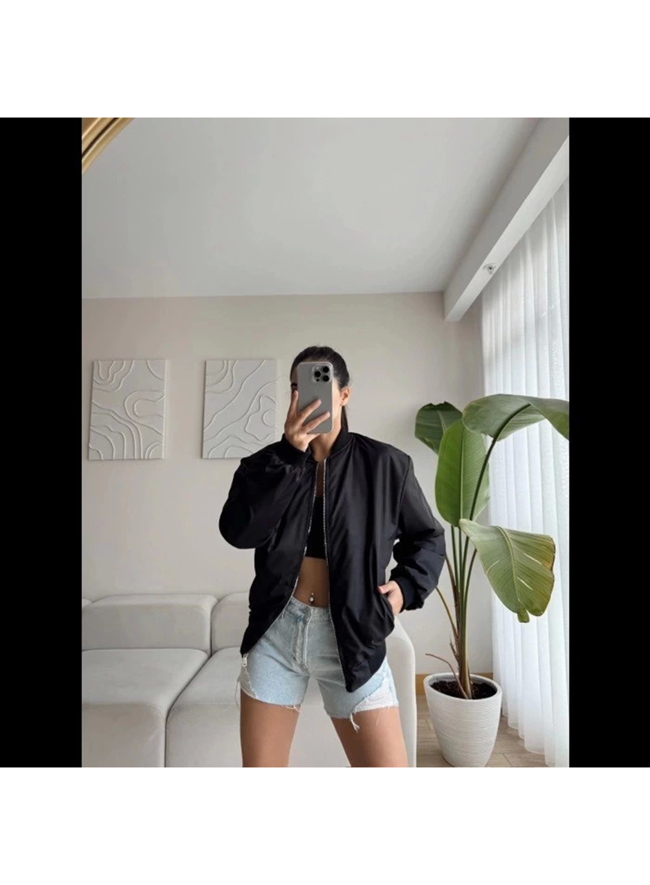 Unisex İçi Astarlı Düz Bomber Ceket - Siyah