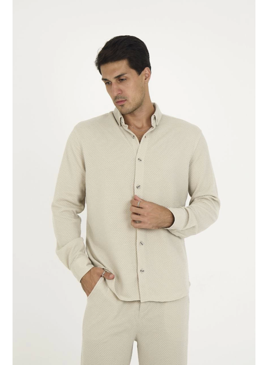 Düğmeli Tam Kalıp Uzun Kol Jakar Gömlek - Gri