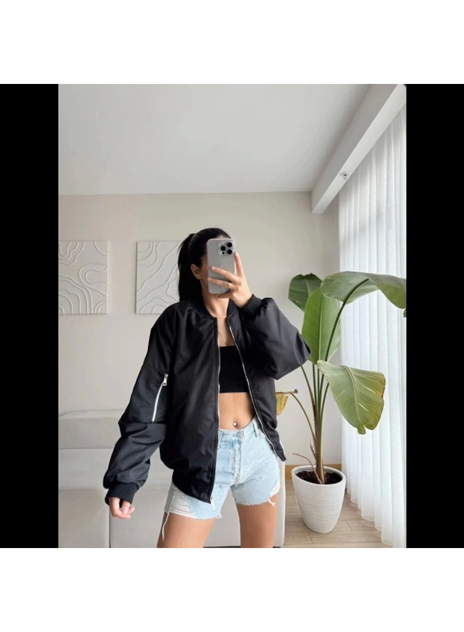 Unisex İçi Astarlı Düz Bomber Ceket - Siyah