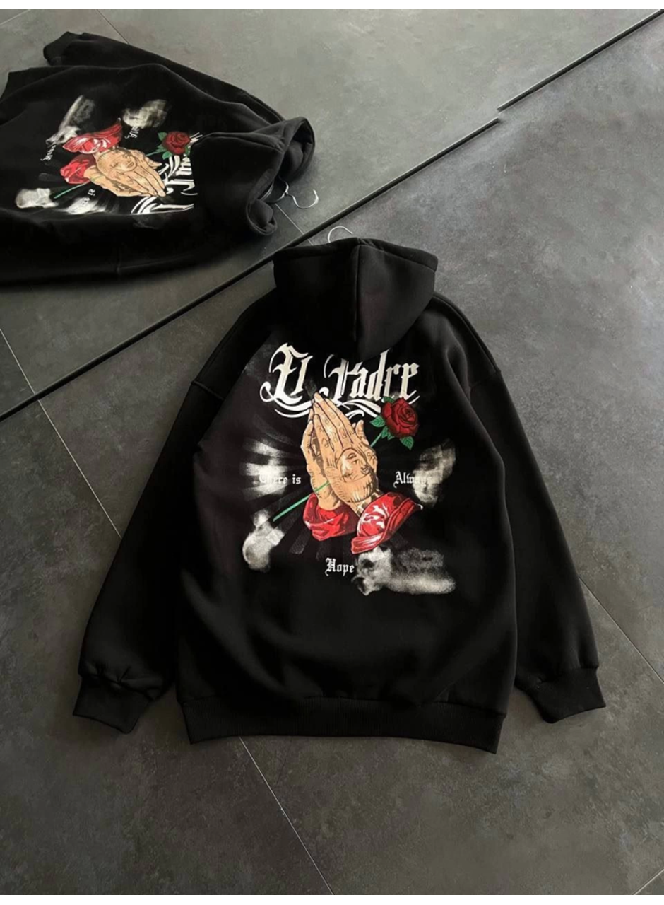 Üç İplik Penye Uzun Kol Kapşonlu Baskılı SweatShirt - Siyah