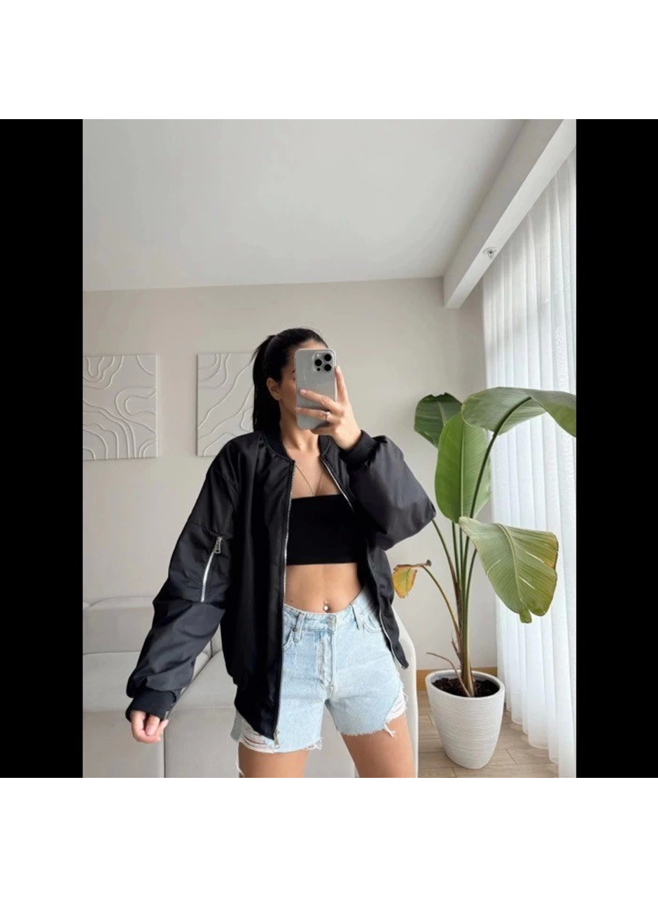 Unisex İçi Astarlı Düz Bomber Ceket - Siyah