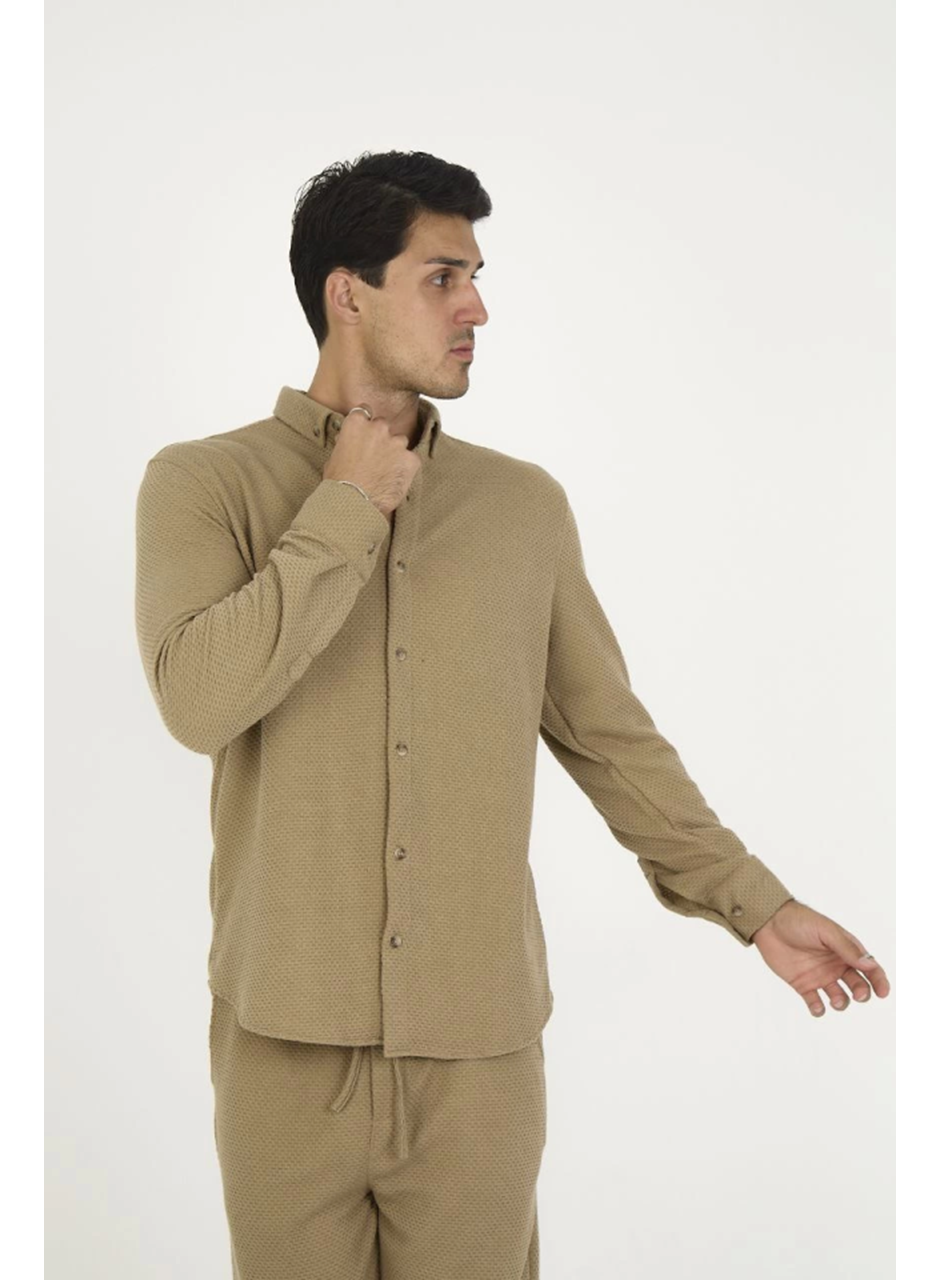 Düğmeli Tam Kalıp Uzun Kol Jakar Gömlek - Kahverengi