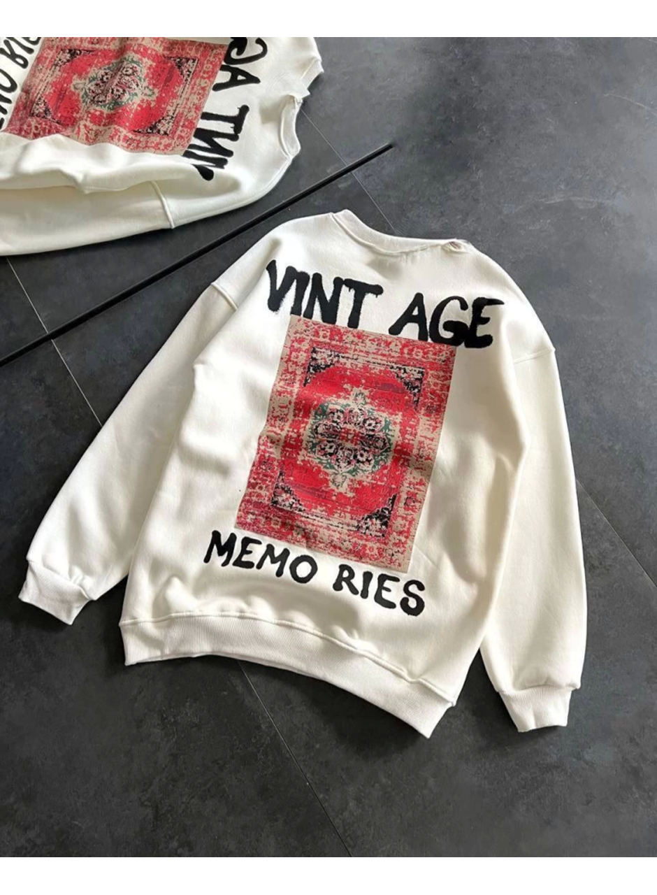 Bisiklet Yaka Üç İplik Baskılı Oversize SweatShirt - Beyaz