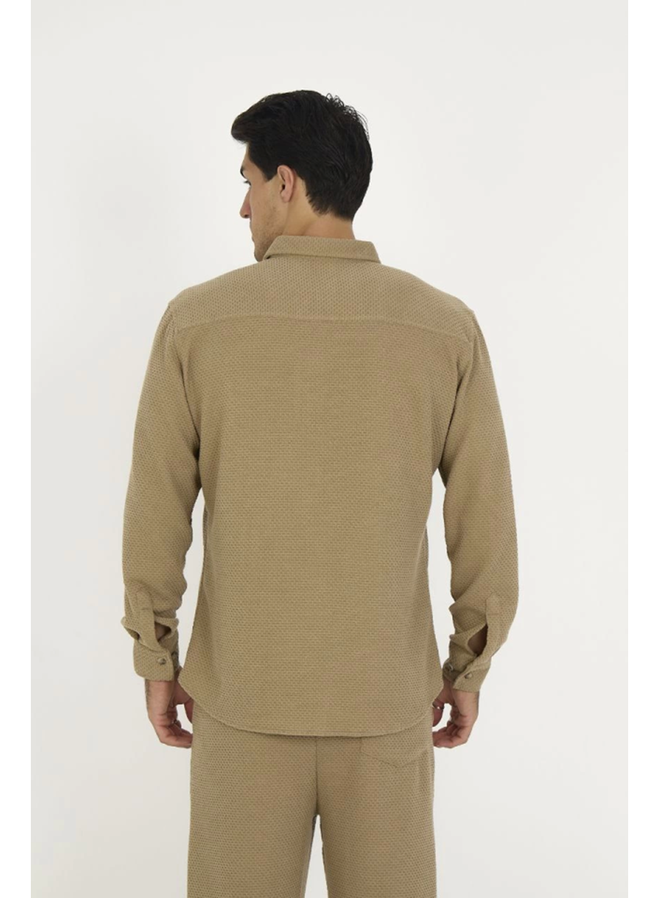 Düğmeli Tam Kalıp Uzun Kol Jakar Gömlek - Kahverengi