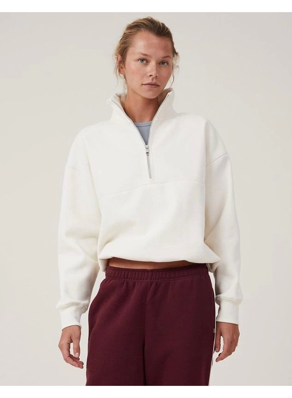Oversize Yarım Farmuarlı Yakalı Basic SweatShirt - Beyaz