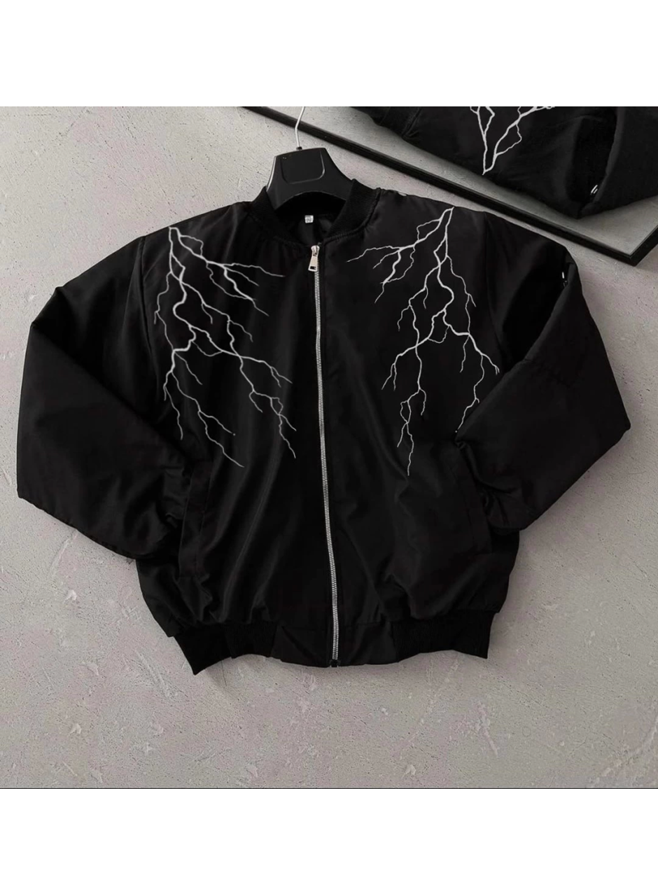Yıldırım Baskılı Uzun Kol Bomber Ceket - Siyah