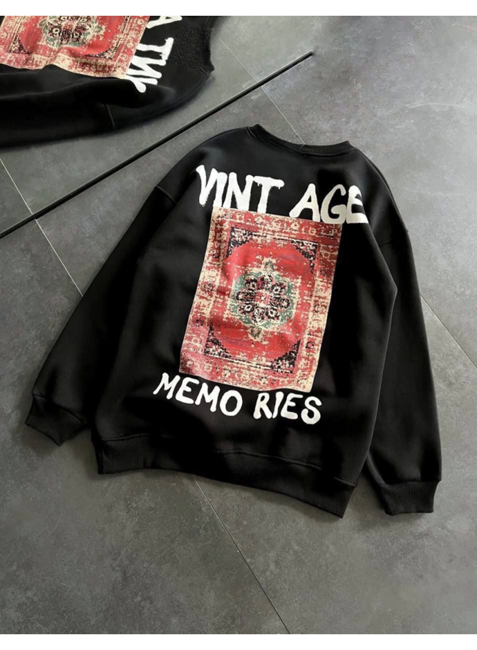 Bisiklet Yaka Üç İplik Baskılı Oversize SweatShirt - Siyah