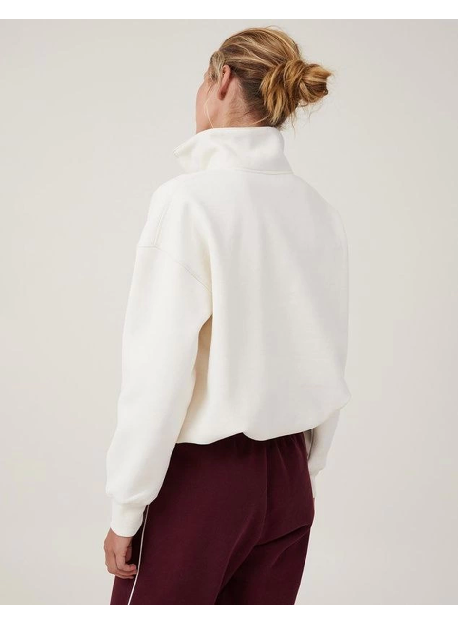 Oversize Yarım Farmuarlı Yakalı Basic SweatShirt - Beyaz