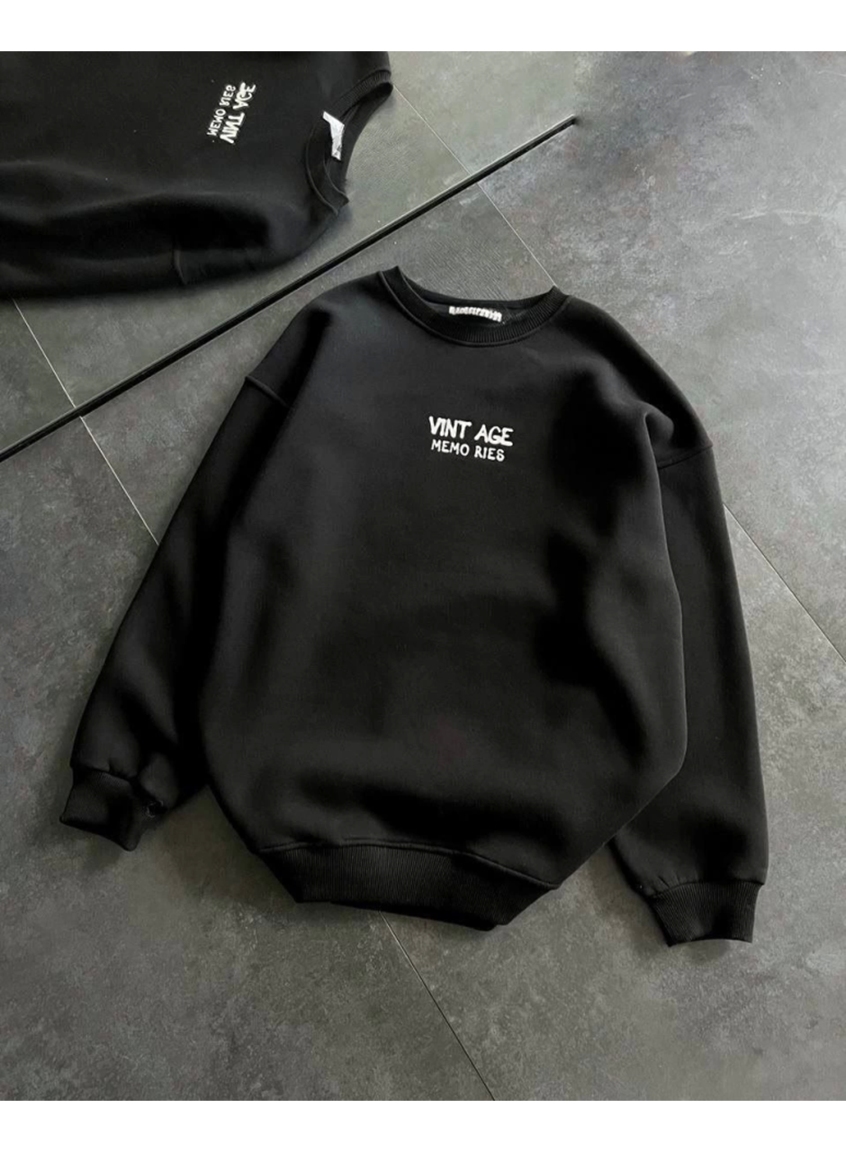 Bisiklet Yaka Üç İplik Baskılı Oversize SweatShirt - Siyah