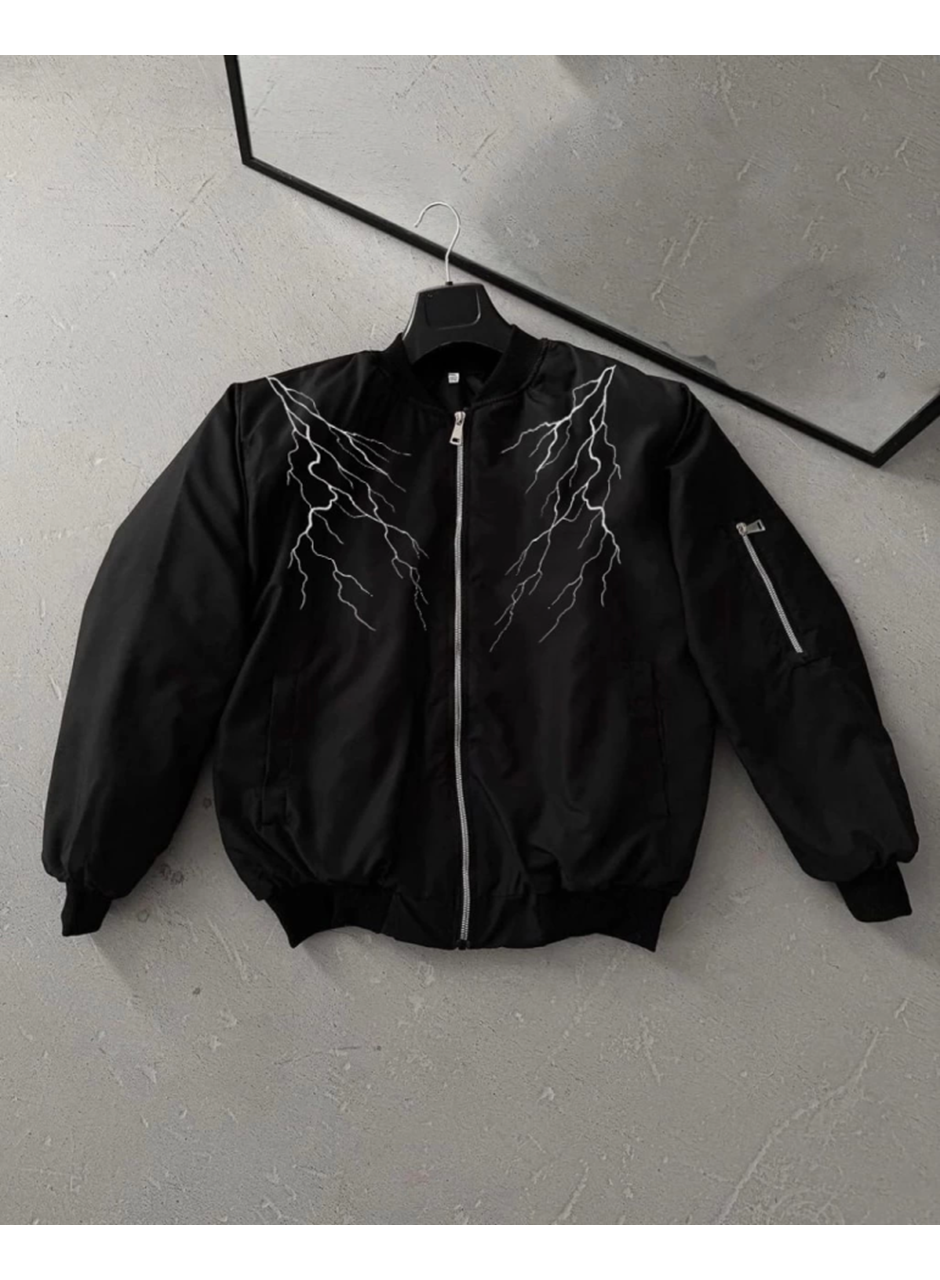 Yıldırım Baskılı Uzun Kol Bomber Ceket - Siyah