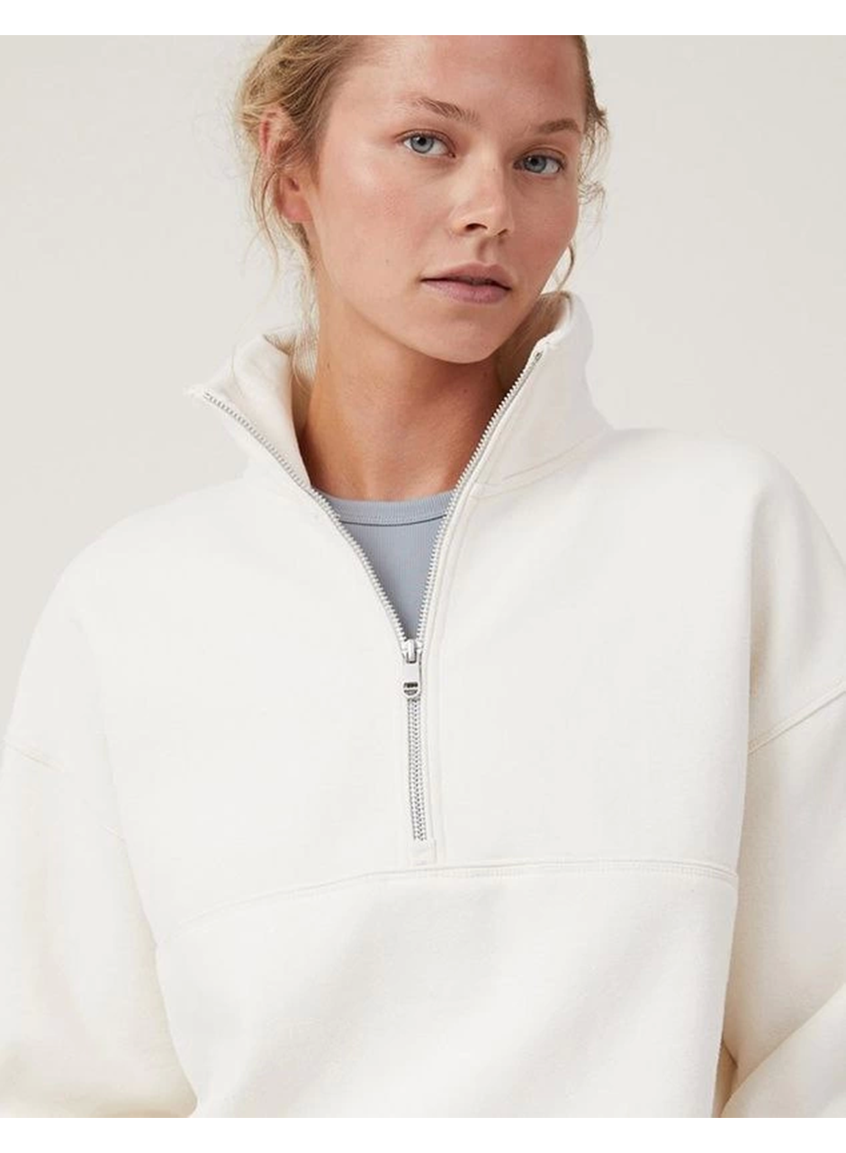 Oversize Yarım Farmuarlı Yakalı Basic SweatShirt - Beyaz