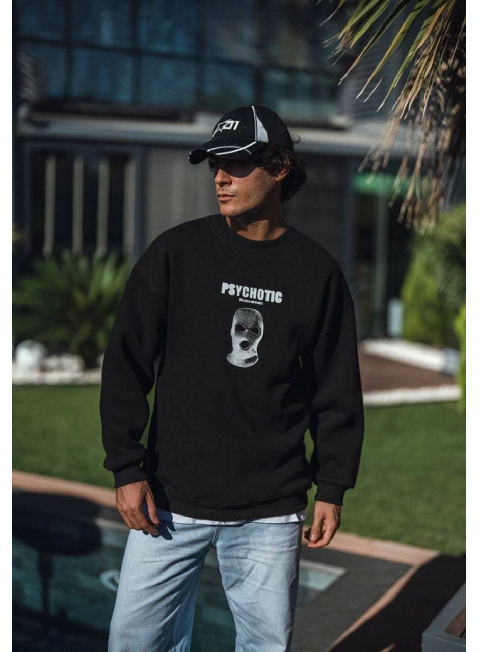 Kışlık Bisiklet Yaka Baskılı SweatShirt - Siyah