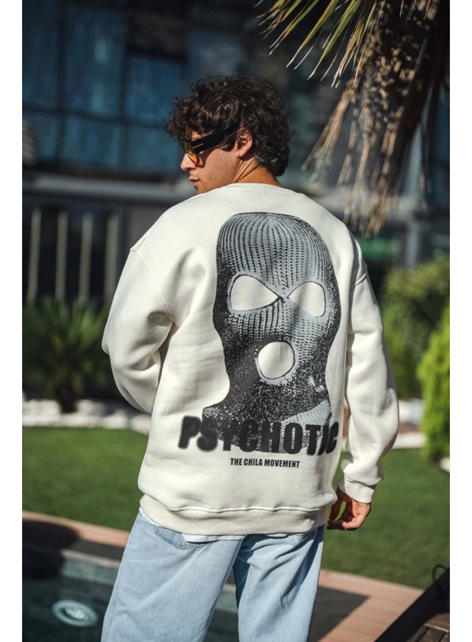 Kışlık Bisiklet Yaka Baskılı SweatShirt - Beyaz