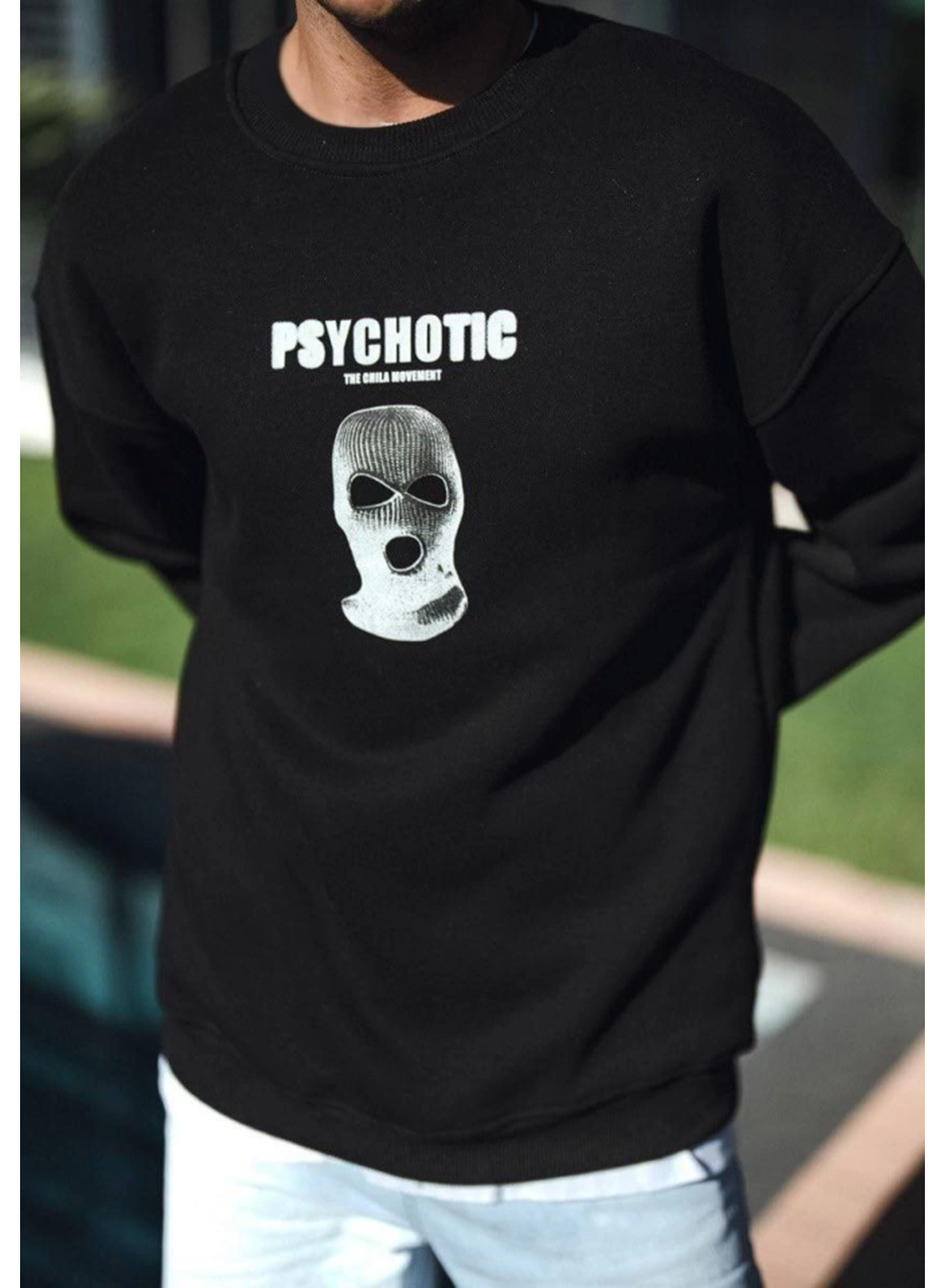 Kışlık Bisiklet Yaka Baskılı SweatShirt - Siyah