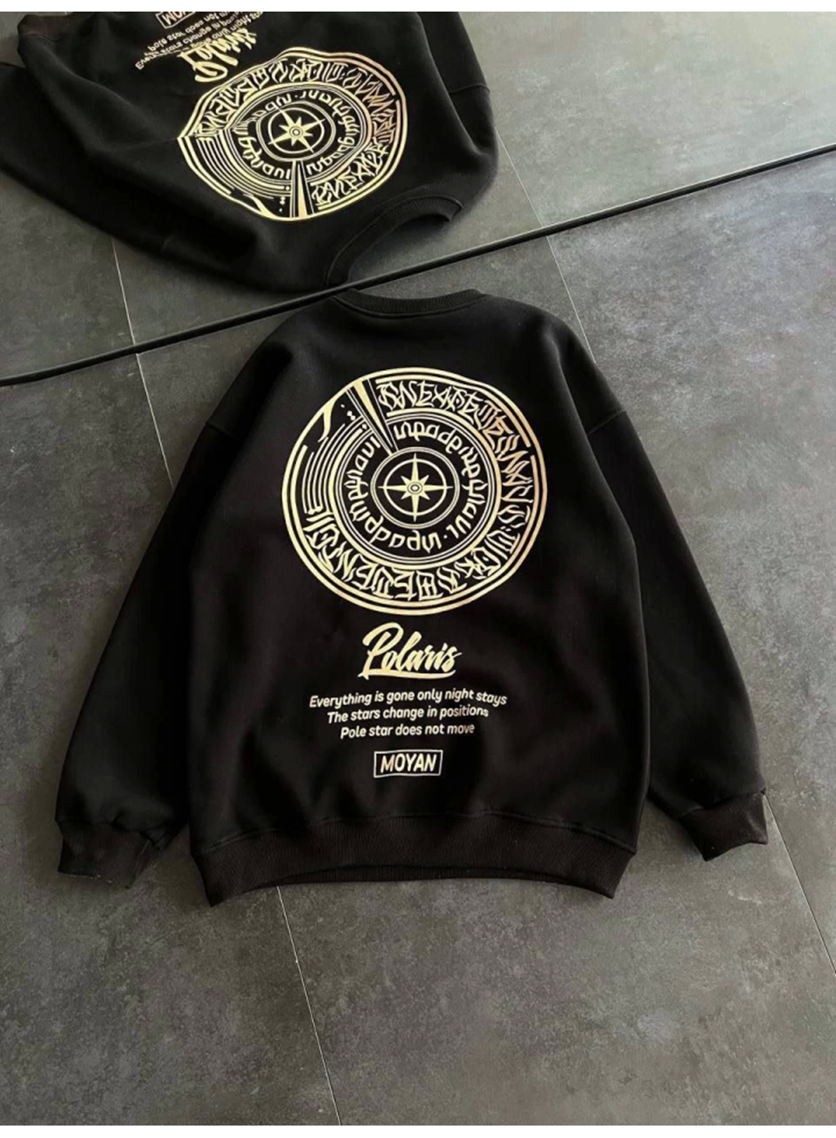 Kışlık Bisiklet Yaka Ön Ve Arka Baskılı SweatShirt - Siyah