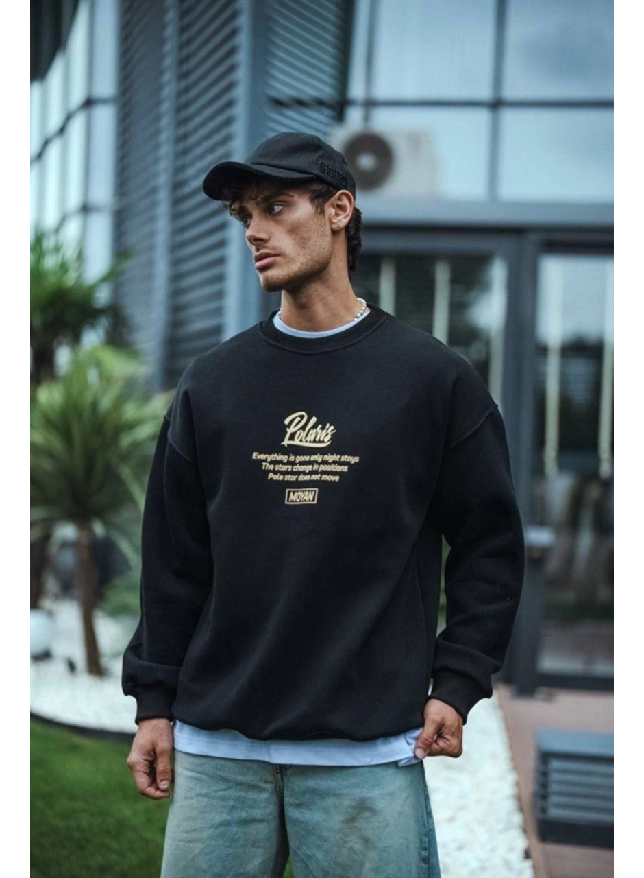 Kışlık Bisiklet Yaka Ön Ve Arka Baskılı SweatShirt - Siyah