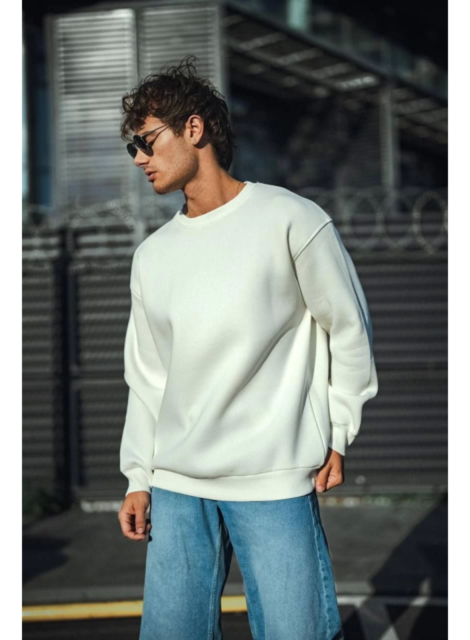 Kışlık Bisiklet Yaka Üç İplik Basic SweatShirt - Beyaz