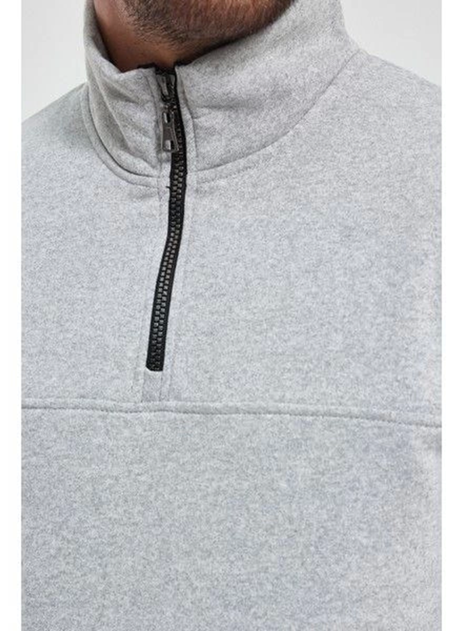 Oversize Yarım Farmuarlı Yakalı Basic SweatShirt - Gri