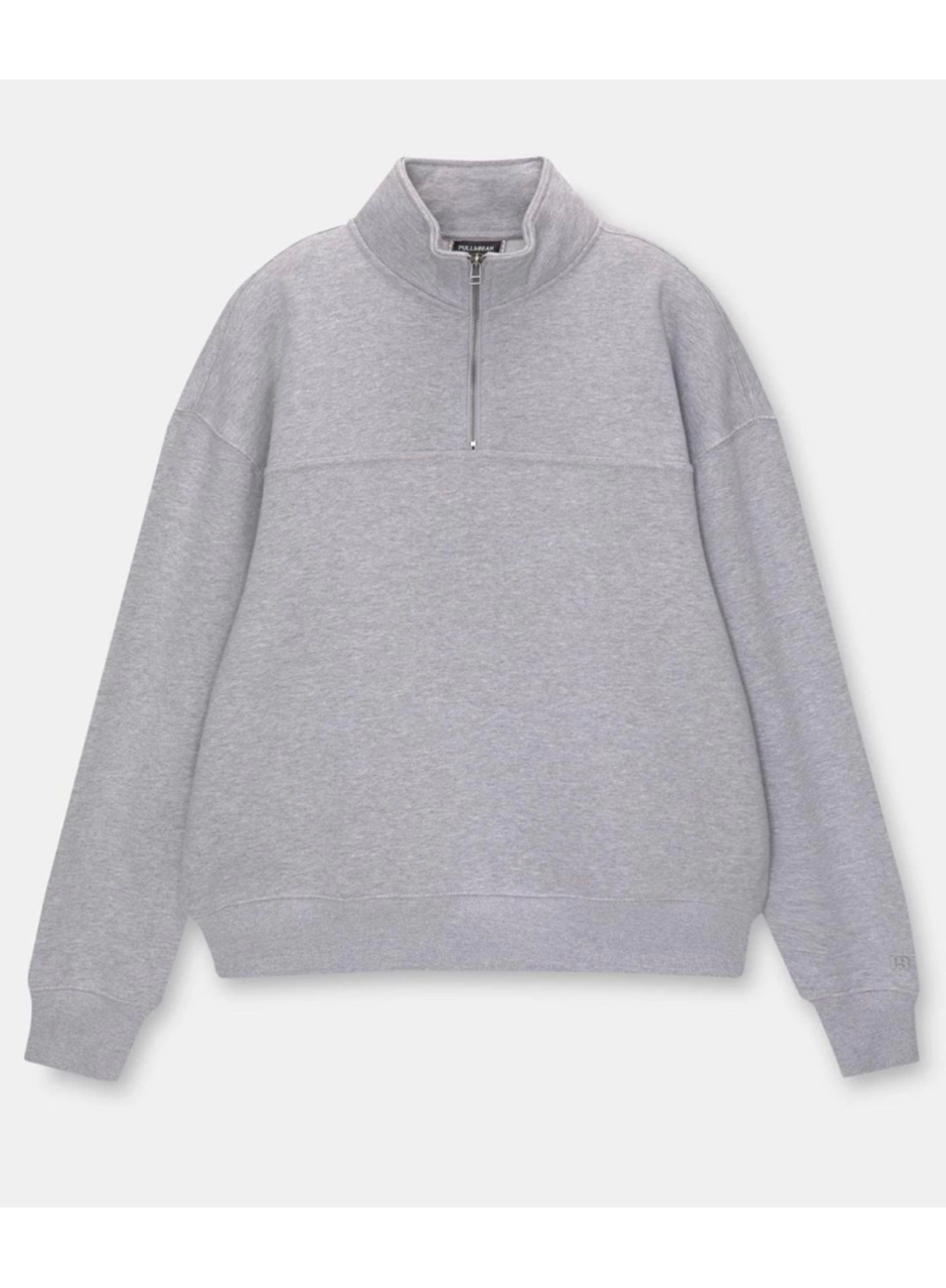 Oversize Yarım Farmuarlı Yakalı Basic SweatShirt - Gri
