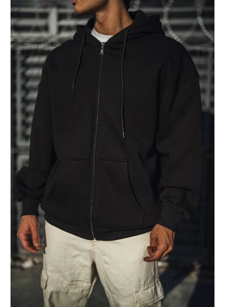 Oversize Tam Fermuarlı Uzun Kol Hırka - Siyah