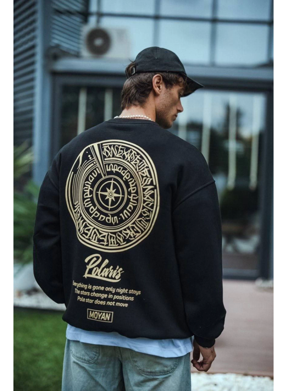 Kışlık Bisiklet Yaka Ön Ve Arka Baskılı SweatShirt - Siyah