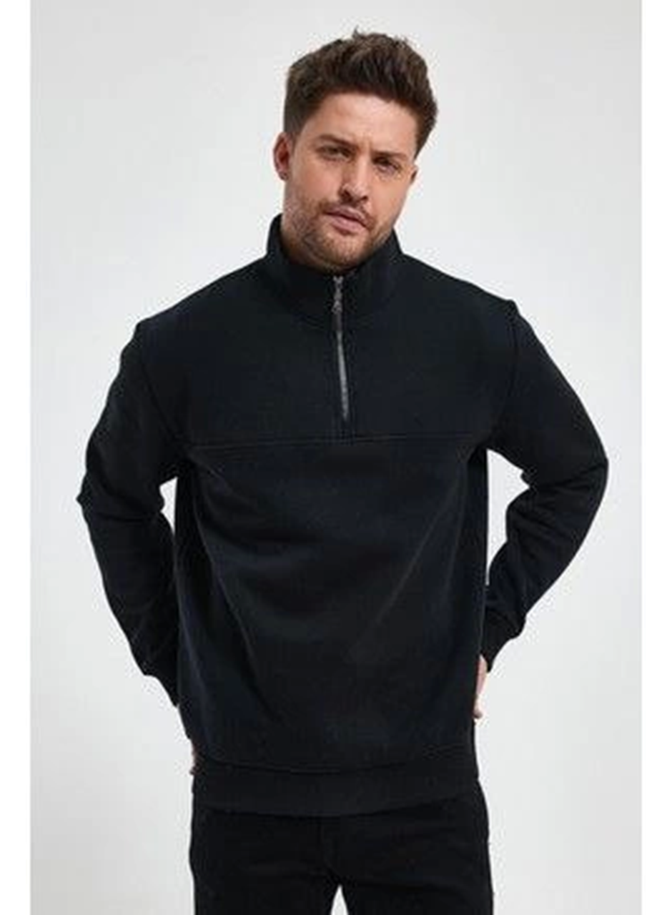 Oversize Yarım Farmuarlı Yakalı Basic SweatShirt - Siyah