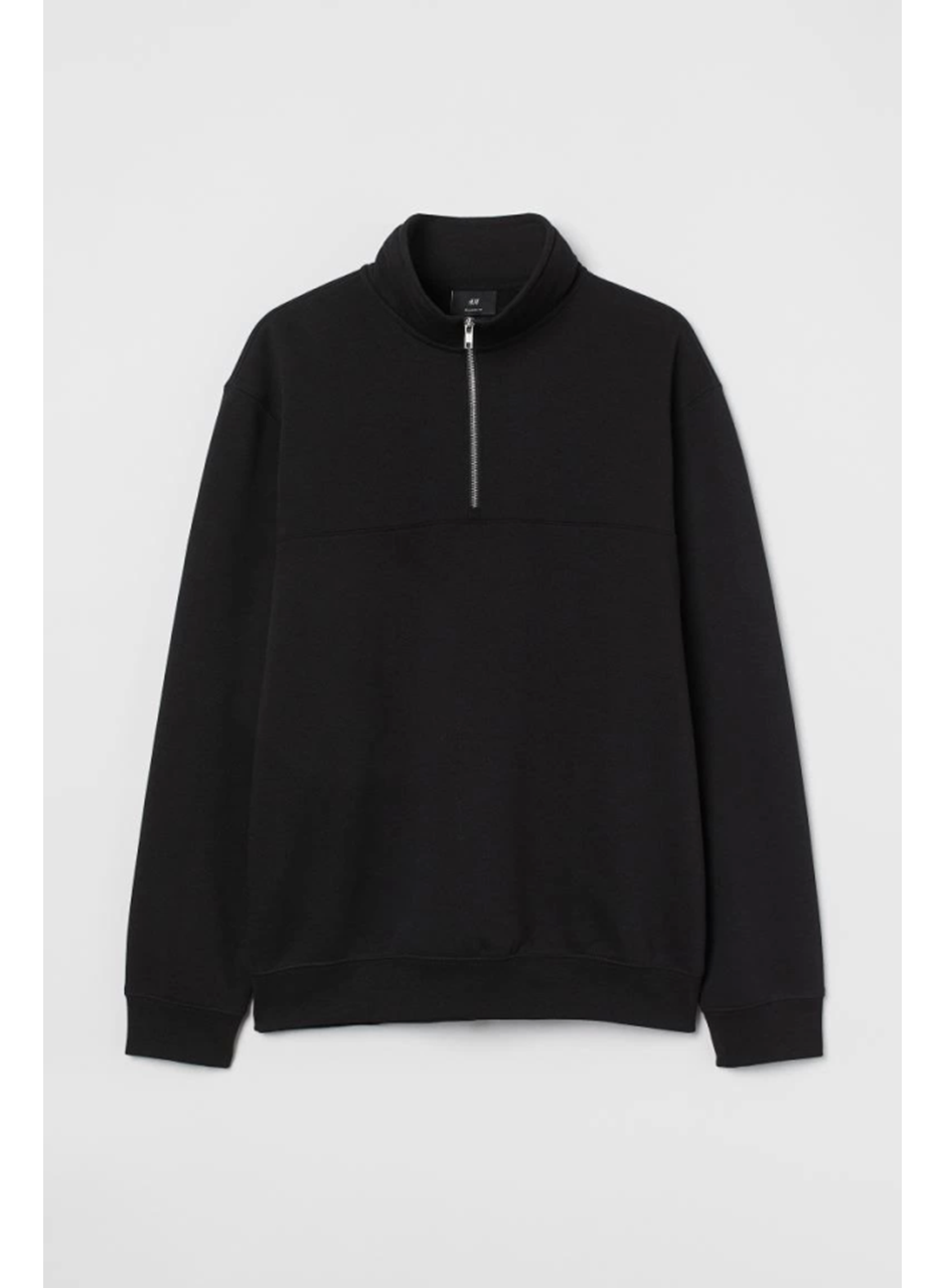 Oversize Yarım Farmuarlı Yakalı Basic SweatShirt - Siyah