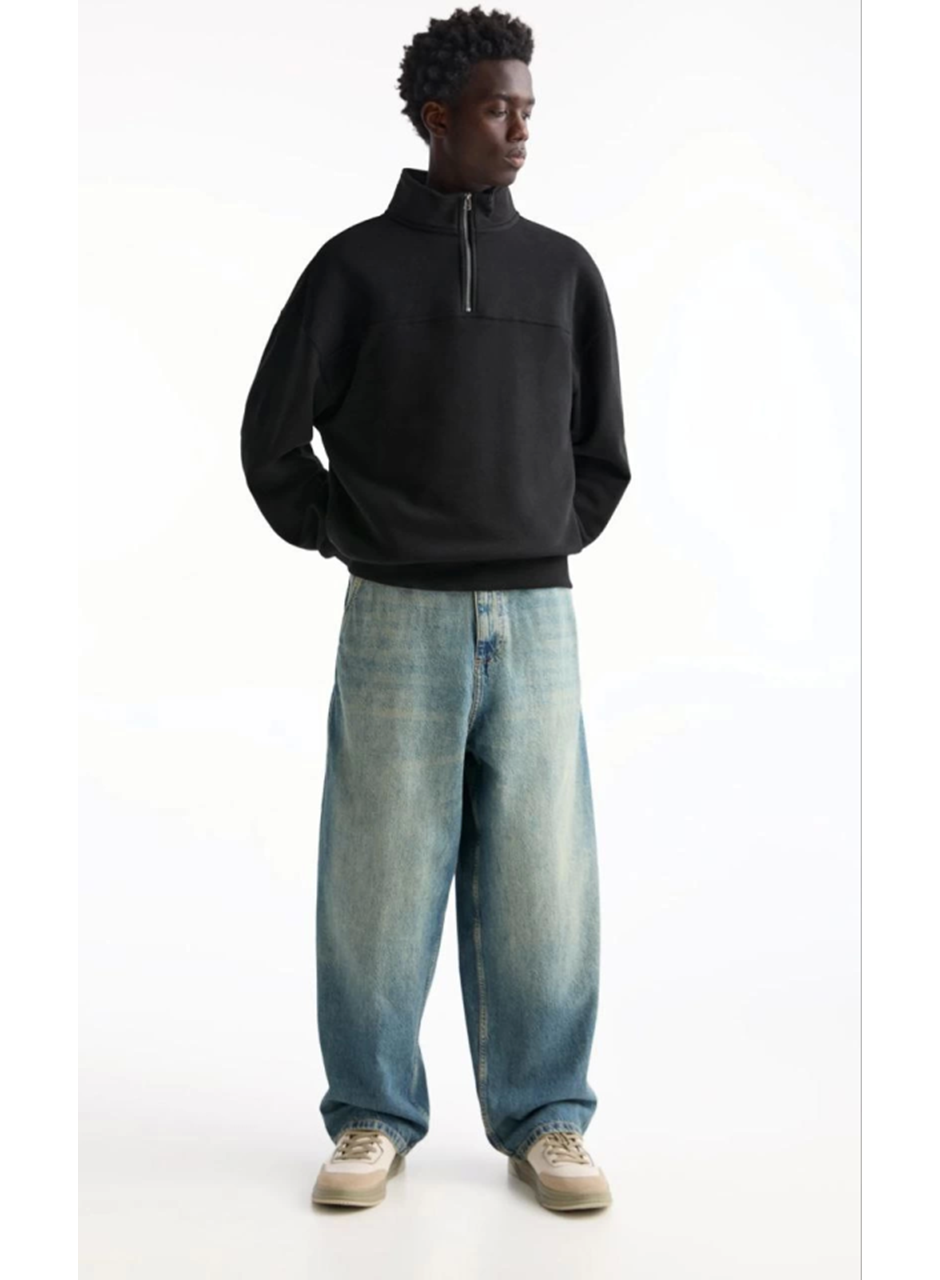 Oversize Yarım Farmuarlı Yakalı Basic SweatShirt - Siyah