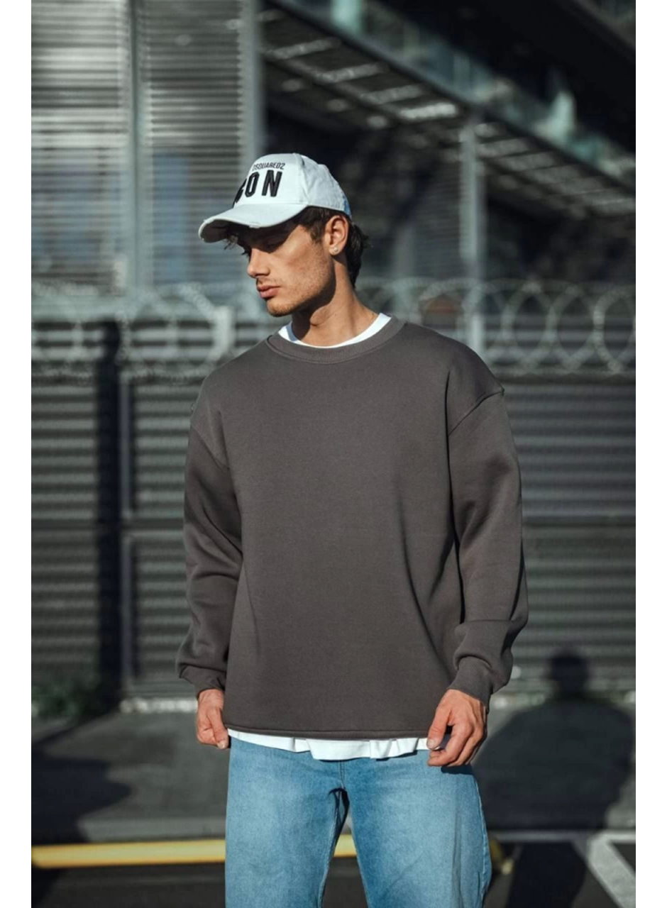 Kışlık Bisiklet Yaka Üç İplik Basic SweatShirt - Antrasit