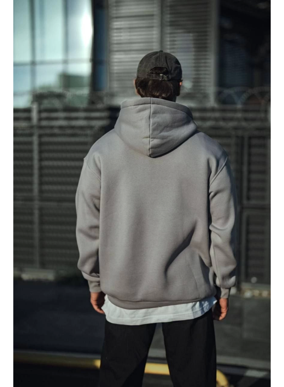 Üç İplik Penye Kapşonlu Basic SweatShirt - Boyalı Gri