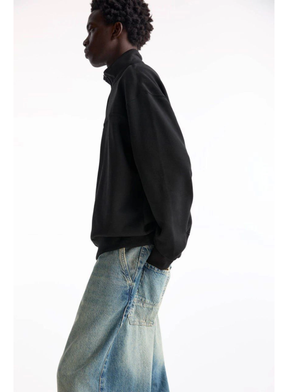 Oversize Yarım Farmuarlı Yakalı Basic SweatShirt - Siyah
