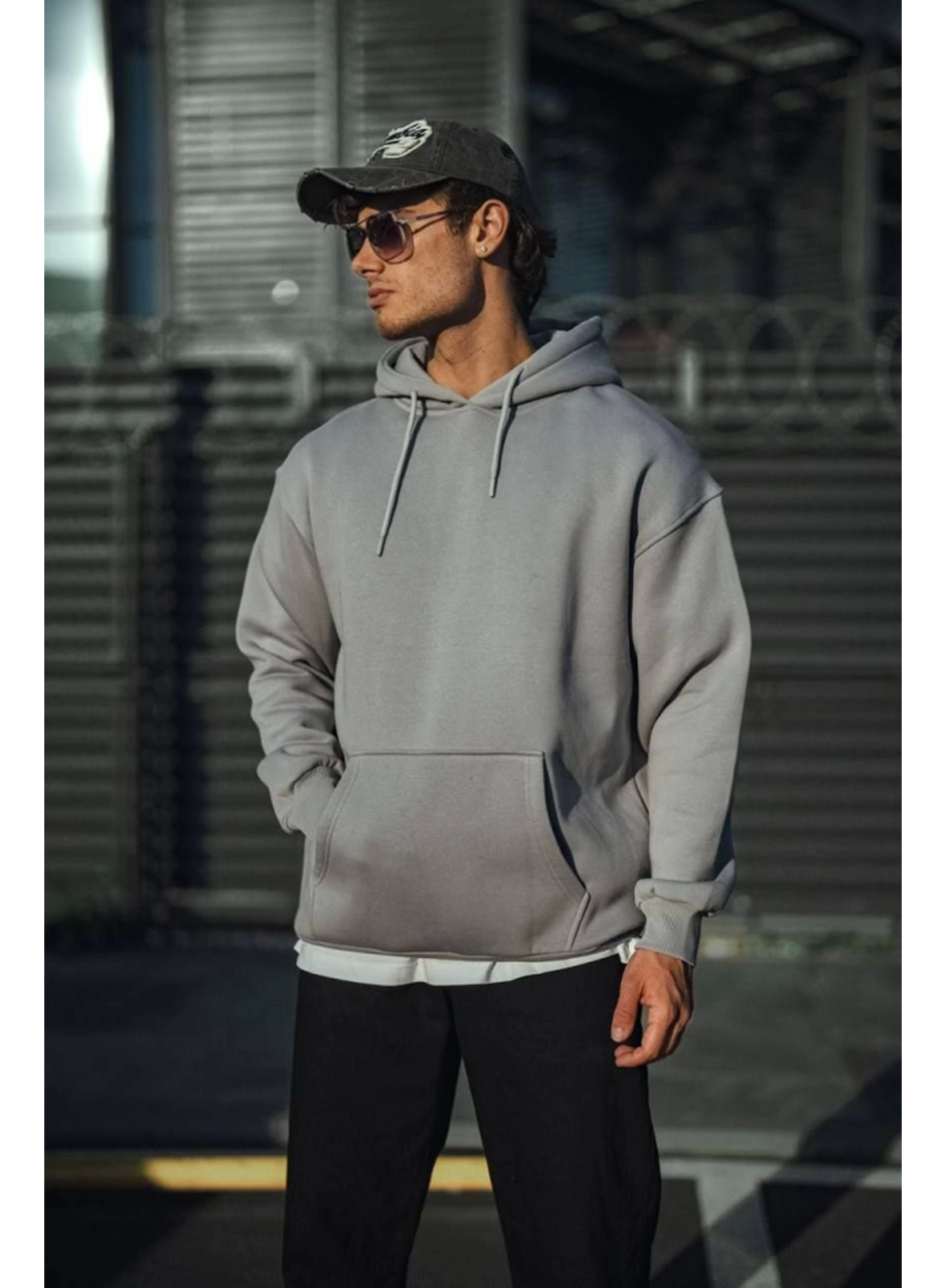 Üç İplik Penye Kapşonlu Basic SweatShirt - Boyalı Gri