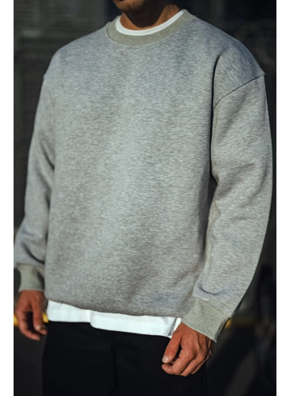 Kışlık Bisiklet Yaka Üç İplik Basic SweatShirt - Gri