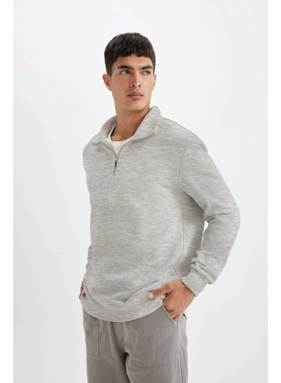 Unisex Uzun Kol Yarım Farmuarlı Yakalı Basic SweatShirt - Gri