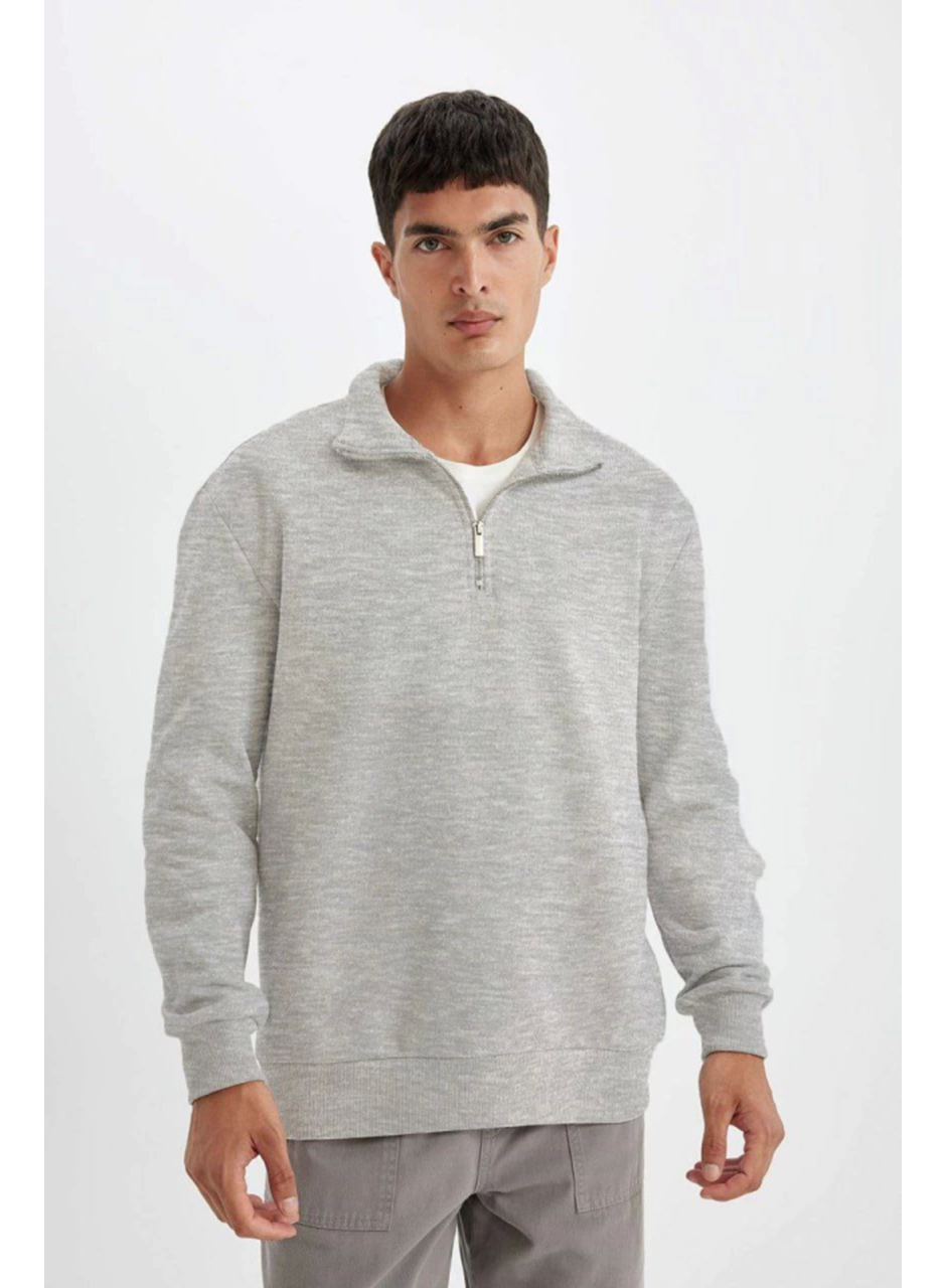 Unisex Uzun Kol Yarım Farmuarlı Yakalı Basic SweatShirt - Gri