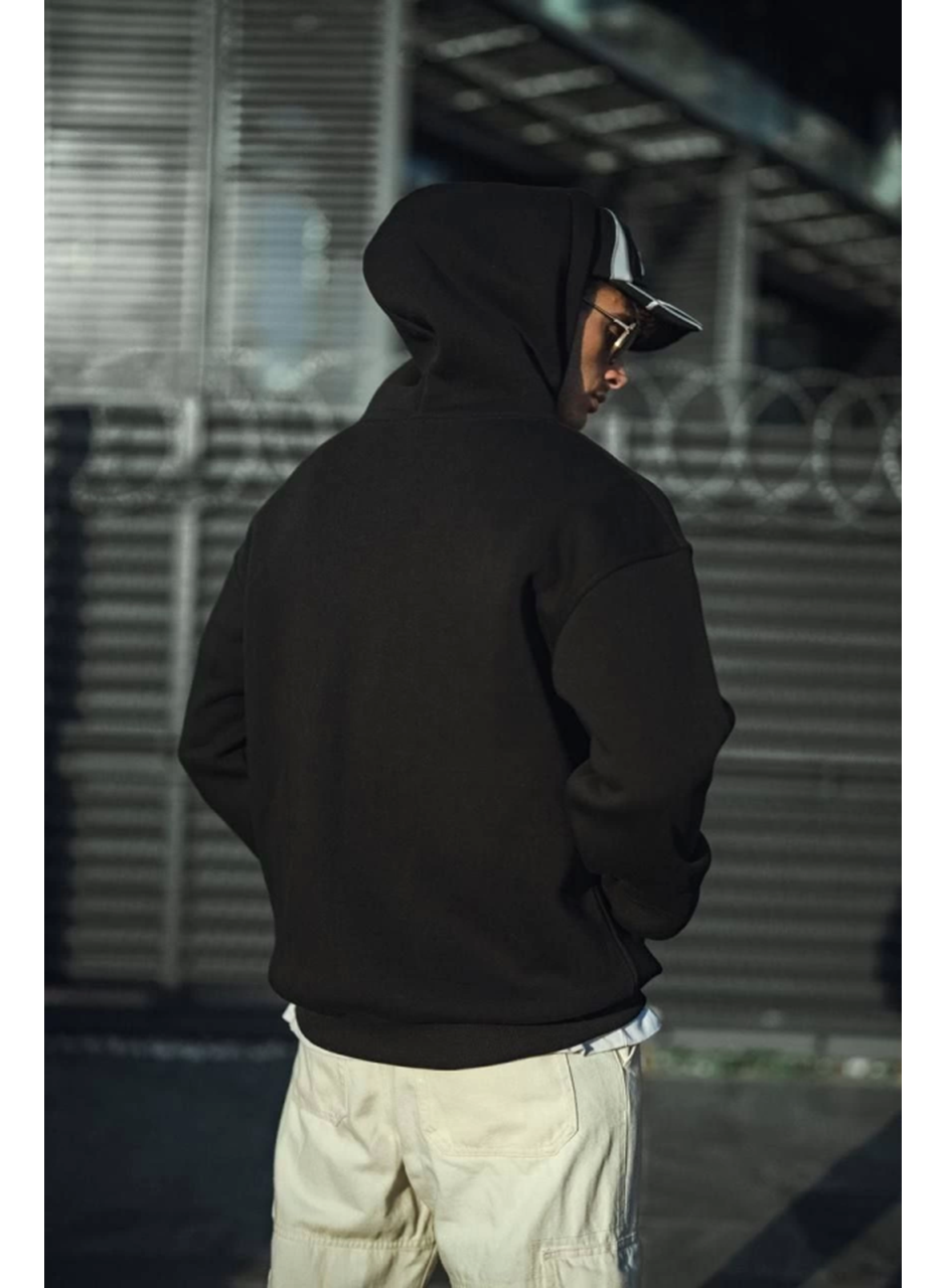 Üç İplik Penye Kapşonlu Basic SweatShirt - Siyah
