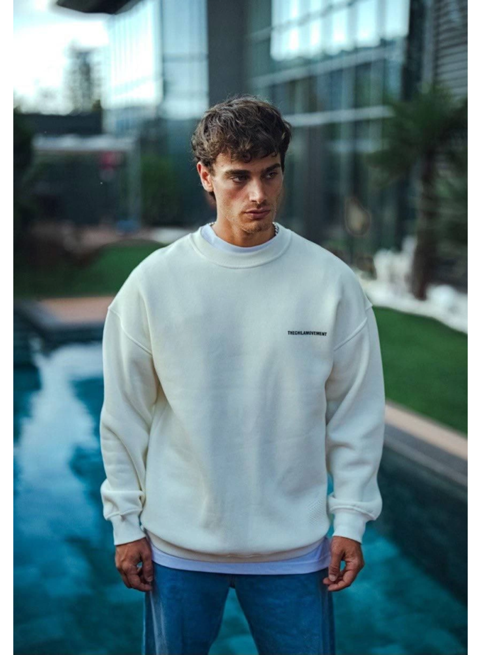 Kışlık Bisiklet Yaka Oversize Baskılı SweatShirt - Beyaz