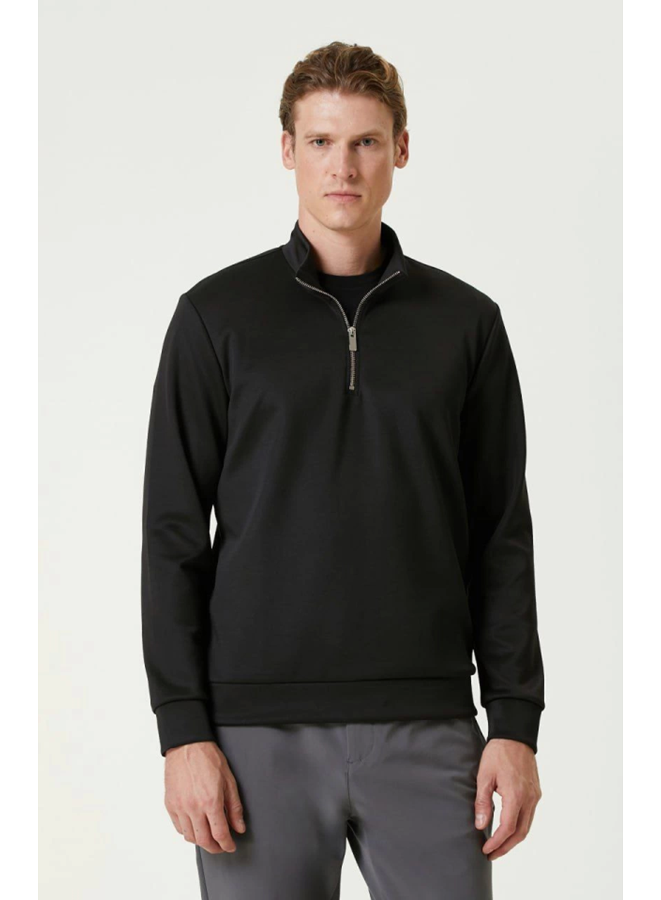 Unisex Uzun Kol Yarım Farmuarlı Yakalı Basic SweatShirt - Siyah