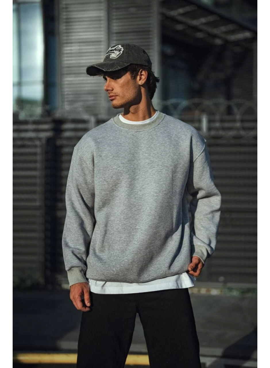 Kışlık Bisiklet Yaka Üç İplik Basic SweatShirt - Gri