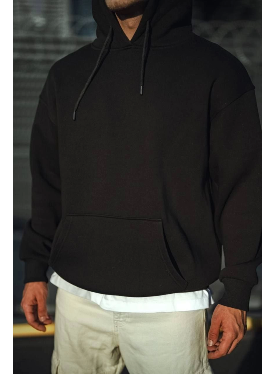 Üç İplik Penye Kapşonlu Basic SweatShirt - Siyah