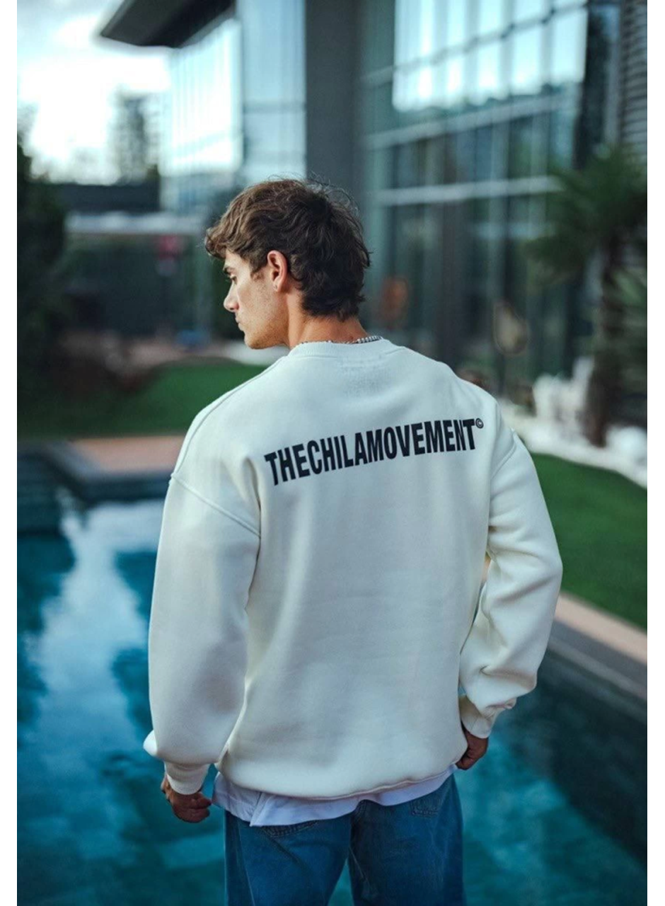 Kışlık Bisiklet Yaka Oversize Baskılı SweatShirt - Beyaz