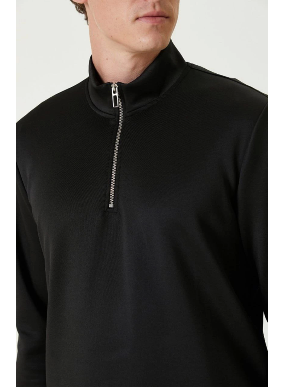 Unisex Uzun Kol Yarım Farmuarlı Yakalı Basic SweatShirt - Siyah