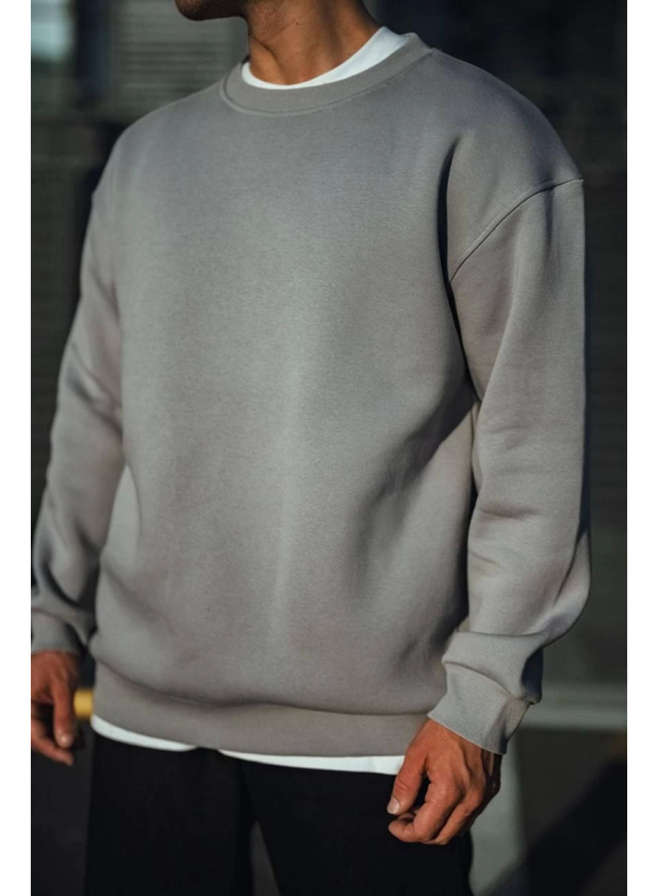 Kışlık Bisiklet Yaka Üç İplik Basic SweatShirt - Boyalı Gri